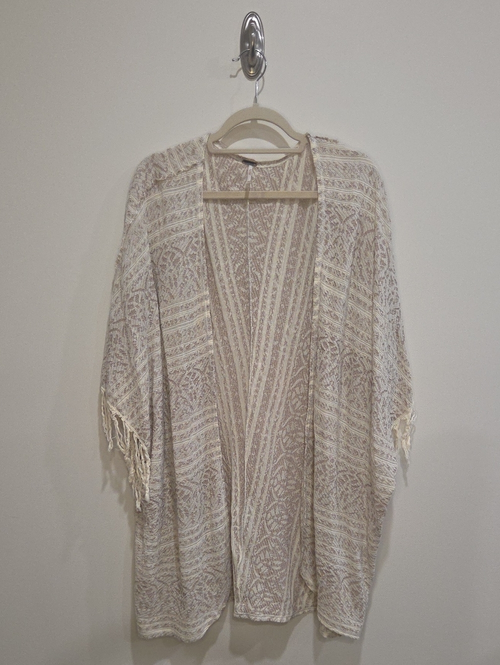 Free People Cream and Taupe Open-Front Fringe Kimono